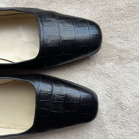 Etienne Aigner Black Croc Embossed Leather Block Heel Pumps Women 7N Narrow - Picture 7 of 16